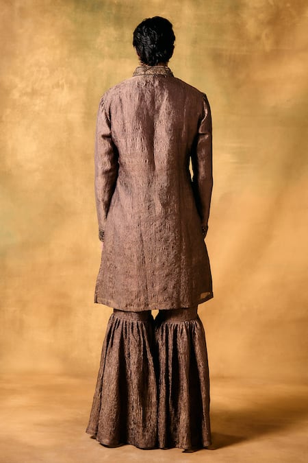 Mukti And Kavith Casa Designer Tan Tissue Kurta Sharara Set 