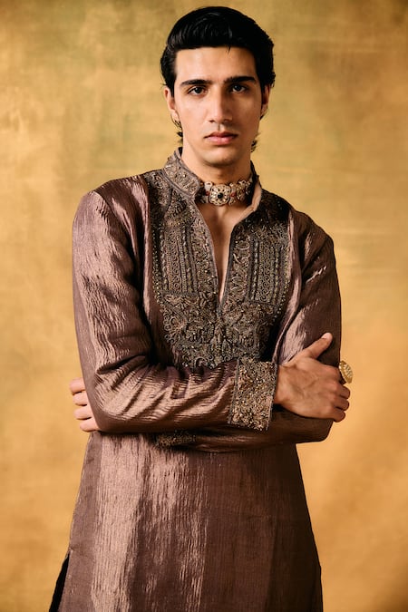 Shop_Mukti And Kavith Casa_Brown Tissue Embroidery Designer Tan Kurta Sharara Set _Online_at_Aza_Fashions