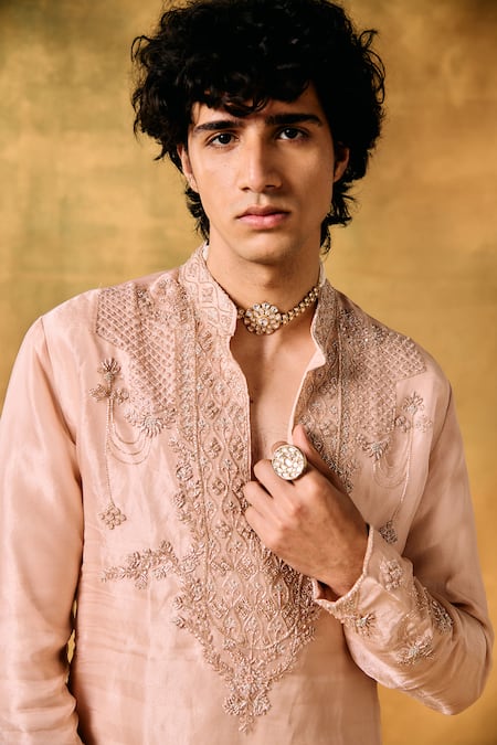 Mukti And Kavith Casa_Pink Tissue Embroidery Dusky Rose Kurta Set _Online_at_Aza_Fashions