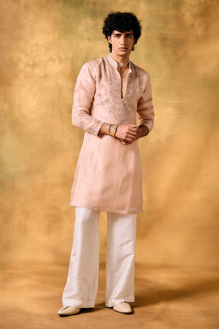 Buy_Mukti And Kavith Casa_Pink Tissue Embroidery Dusky Rose Kurta Set _Online_at_Aza_Fashions