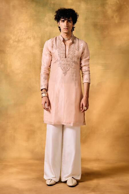 Shop_Mukti And Kavith Casa_Pink Tissue Embroidery Dusky Rose Kurta Set _Online_at_Aza_Fashions