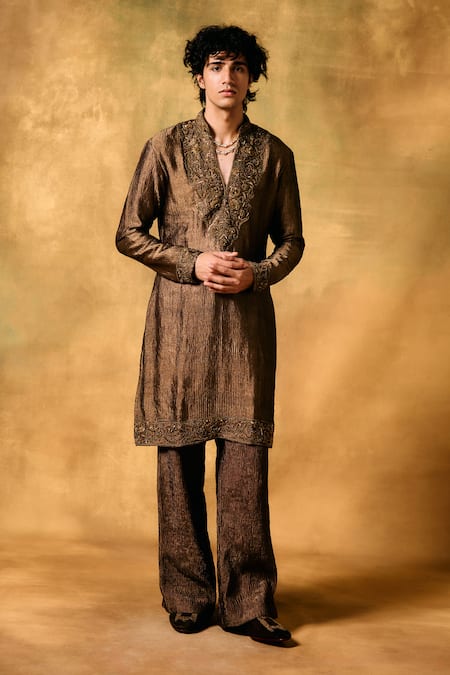 MUKTI AND KAVITH CASA Brown Tissue Embroidery Mocha Rustle Kurta Set 
