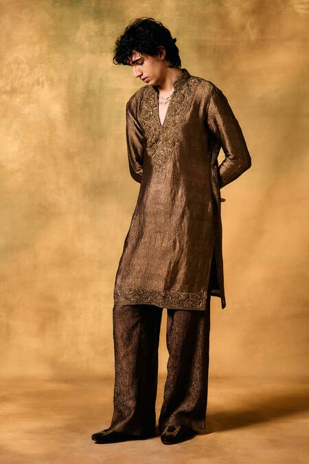 Buy_Mukti And Kavith Casa_Brown Tissue Embroidery Mocha Rustle Kurta Set _Online_at_Aza_Fashions