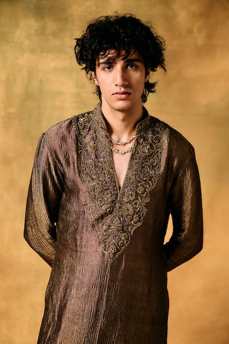 Shop_Mukti And Kavith Casa_Brown Tissue Embroidery Mocha Rustle Kurta Set _Online_at_Aza_Fashions