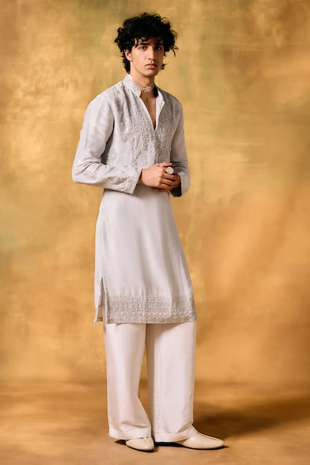 Buy_Mukti And Kavith Casa_Gray Tissue Embroidery Smoky Grey Kurta Set _Online_at_Aza_Fashions