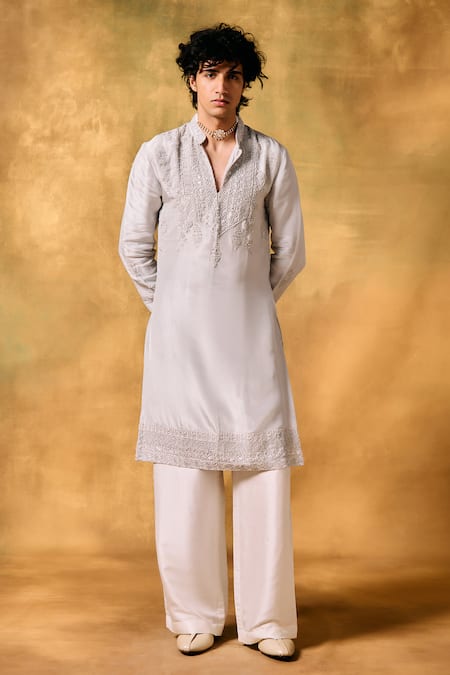 MUKTI AND KAVITH CASA Gray Tissue Embroidery Smoky Grey Kurta Set 