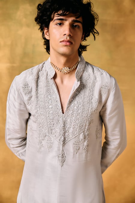 Shop_Mukti And Kavith Casa_Gray Tissue Embroidery Smoky Grey Kurta Set _Online_at_Aza_Fashions