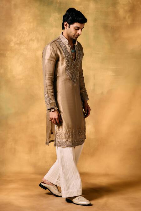 Mukti And Kavith Casa_Gold Tissue Embroidery Dawn Kurta Set _Online_at_Aza_Fashions