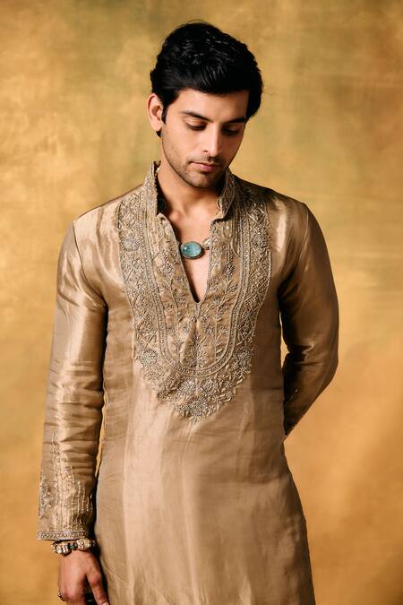 Shop_Mukti And Kavith Casa_Gold Tissue Embroidery Dawn Kurta Set _Online_at_Aza_Fashions