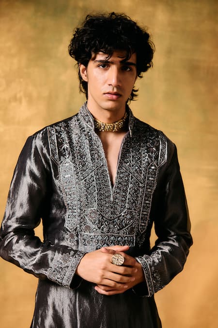 Mukti And Kavith Casa_Gray Tissue Embroidery Smoky Moon Kurta Set _at_Aza_Fashions