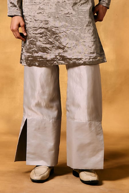 Mukti And Kavith Casa_Gray Tissue Embroidery Silver Mist Kurta Set _Online_at_Aza_Fashions