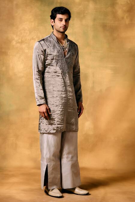 Shop_Mukti And Kavith Casa_Gray Tissue Embroidery Silver Mist Kurta Set _Online_at_Aza_Fashions