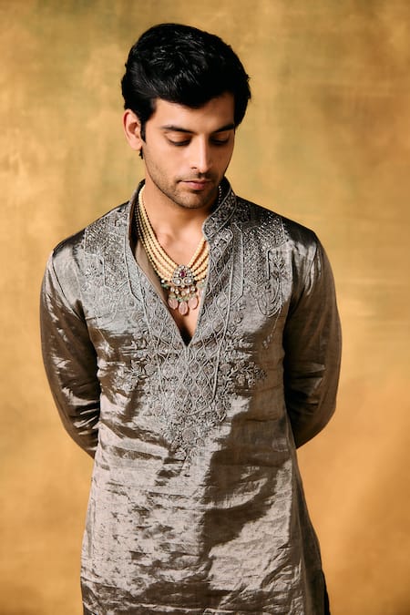 Mukti And Kavith Casa_Gray Tissue Embroidery Silver Mist Kurta Set _at_Aza_Fashions