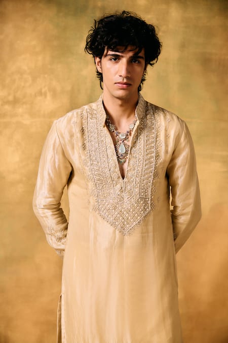 Shop_Mukti And Kavith Casa_Beige Tissue Embroidery Sandy Dunes Kurta Set _Online_at_Aza_Fashions