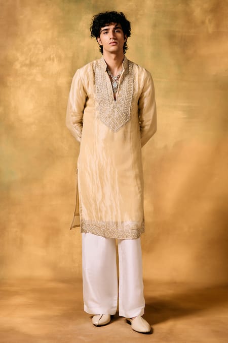 Mukti And Kavith Casa_Beige Tissue Embroidery Sandy Dunes Kurta Set _at_Aza_Fashions