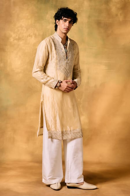 Buy_Mukti And Kavith Casa_Beige Tissue Embroidery Sandy Dunes Kurta Set 