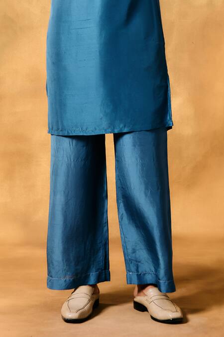 Shop_Mukti And Kavith Casa_Blue Silk Embroidery Royal Wave Kurta Set _Online_at_Aza_Fashions