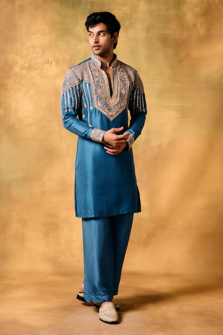 MUKTI AND KAVITH CASA Blue Silk Embroidery Royal Wave Kurta Set 