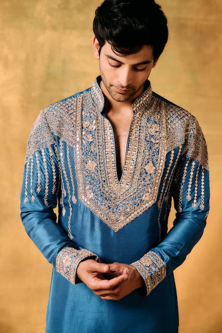 Mukti And Kavith Casa_Blue Silk Embroidery Royal Wave Kurta Set _at_Aza_Fashions