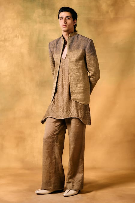 Buy_Mukti And Kavith Casa_Gold Chiffon, Silk Beads Aura Jacket Kurta Set _Online_at_Aza_Fashions