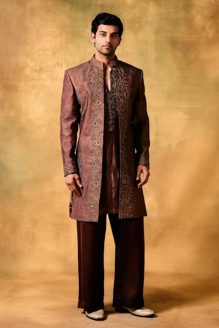Buy_Mukti And Kavith Casa_Purple Crepe Embroidery Regal Crush Sherwani Jacket Set _Online_at_Aza_Fashions