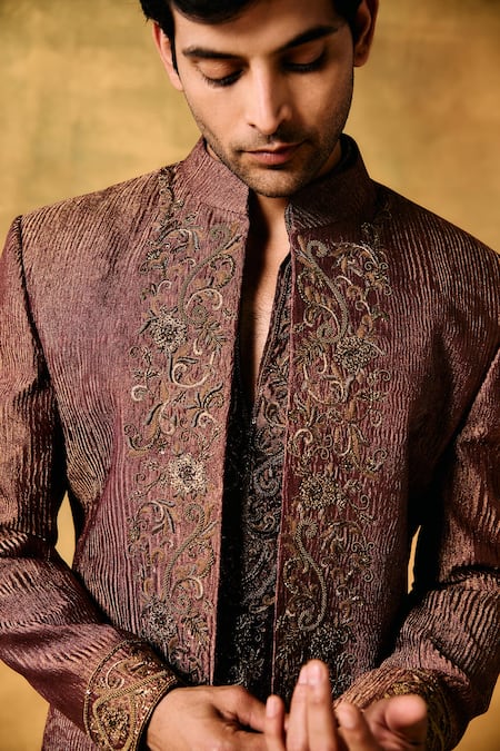 Mukti And Kavith Casa_Purple Crepe Embroidery Regal Crush Sherwani Jacket Set _at_Aza_Fashions
