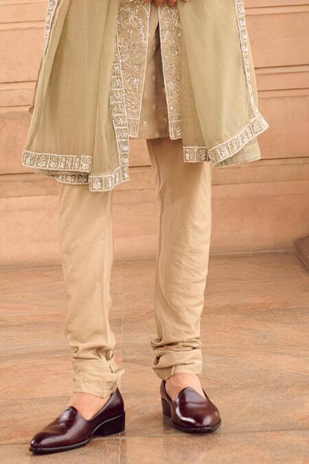 Mukti And Kavith Casa_Green Chanderi Embroidery Light Tissue Hand Sherwani Set _Online_at_Aza_Fashions