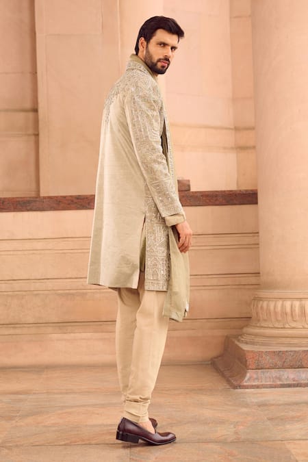 Mukti And Kavith Casa Light Green Tissue Hand Embroidered Sherwani Set 