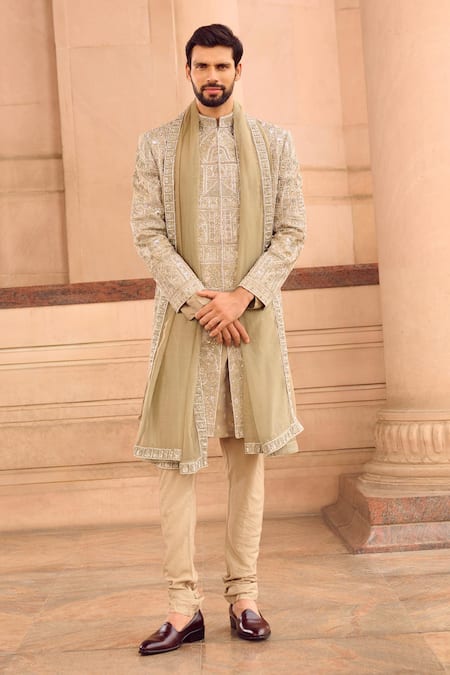 MUKTI AND KAVITH CASA Green Chanderi Embroidery Light Tissue Hand Sherwani Set 