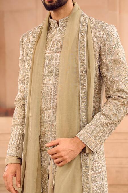 Buy_Mukti And Kavith Casa_Green Chanderi Embroidery Light Tissue Hand Sherwani Set _Online_at_Aza_Fashions