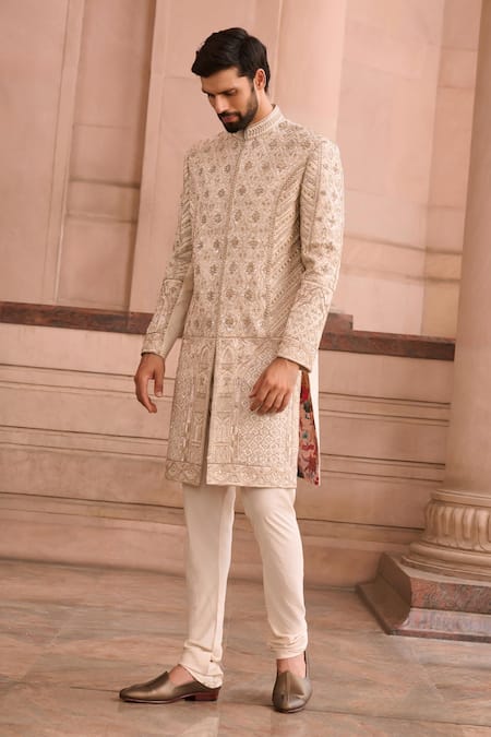 MUKTI AND KAVITH CASA Beige Brocade Embroidery Sherwani Set 