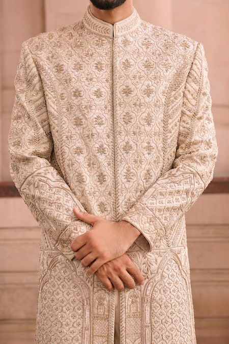 Mukti And Kavith Casa Beige Brocade Sherwani Set 