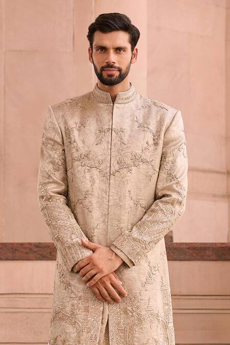 Mukti And Kavith Casa_Gold Brocade, Silk Pearls, Embroidery Sherwani Set _Online_at_Aza_Fashions