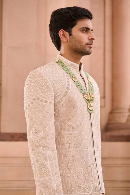 Buy_Mukti And Kavith Casa_Pink Silk Embroidery Powder Sherwani Set _Online_at_Aza_Fashions