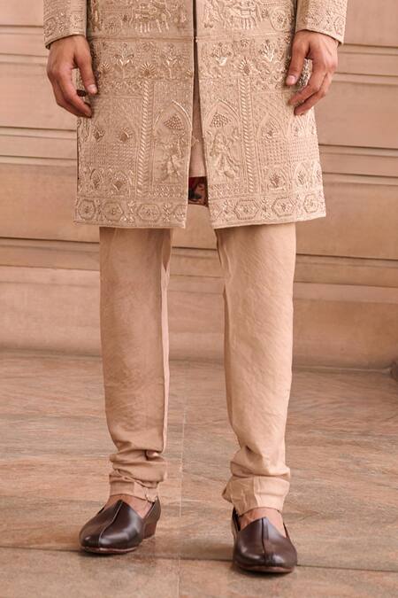 Mukti And Kavith Casa_Gold Chanderi Sequins, Embroidery Classic Sherwani Set _Online_at_Aza_Fashions