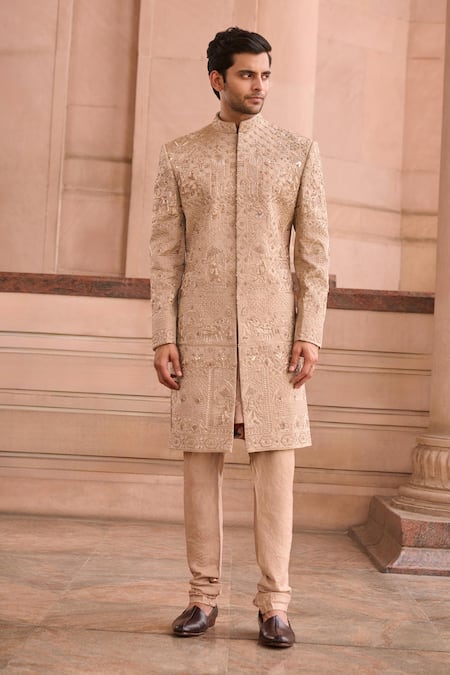 MUKTI AND KAVITH CASA Gold Chanderi Sequins, Embroidery Classic Sherwani Set 