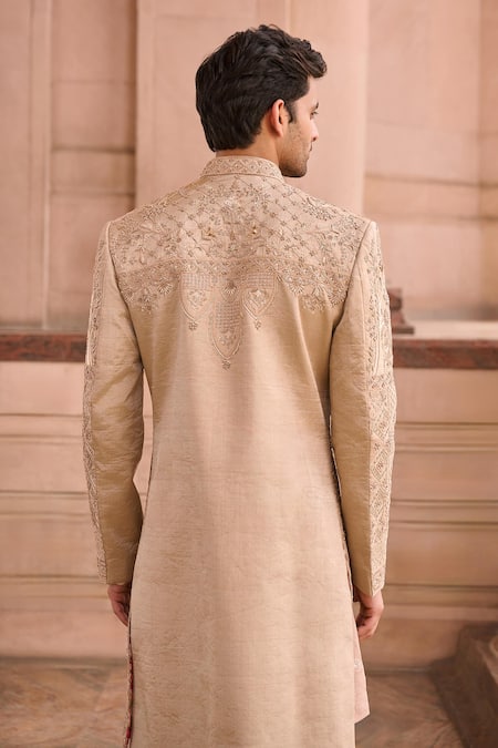 Mukti And Kavith Casa Classic Golden Chanderi Sherwani Set 