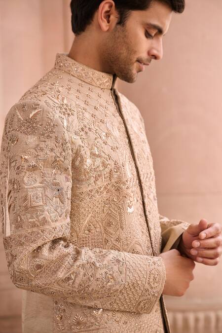 Buy_Mukti And Kavith Casa_Gold Chanderi Sequins, Embroidery Classic Sherwani Set _Online_at_Aza_Fashions