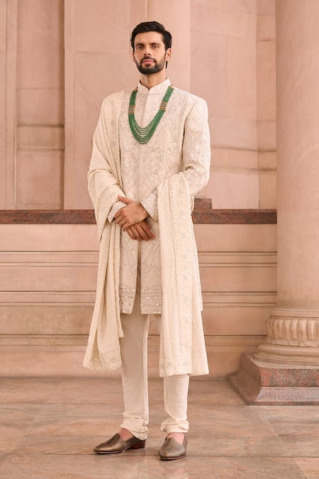 MUKTI AND KAVITH CASA Ivory , Chanderi Sequins, Embroidery Raw Wedding Sherwani Set 