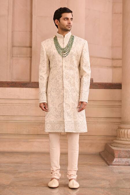 Mukti And Kavith Casa_Ivory Silk Embroidery Threadwork Embellished Sherwani Set _Online_at_Aza_Fashions