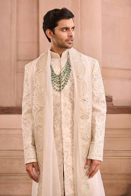 Buy_Mukti And Kavith Casa_Ivory Silk Embroidery Threadwork Embellished Sherwani Set _Online_at_Aza_Fashions