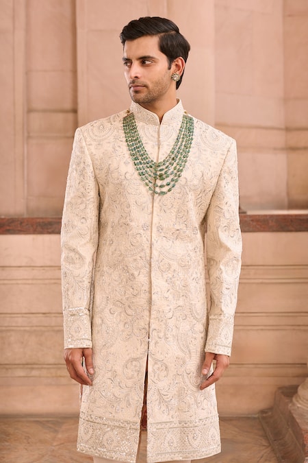 Mukti And Kavith Casa_Ivory Silk Embroidery Threadwork Embellished Sherwani Set _at_Aza_Fashions