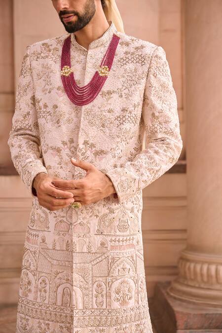 Buy_Mukti And Kavith Casa_Pink Silk Beads Royal Raw Sherwani Set _Online_at_Aza_Fashions