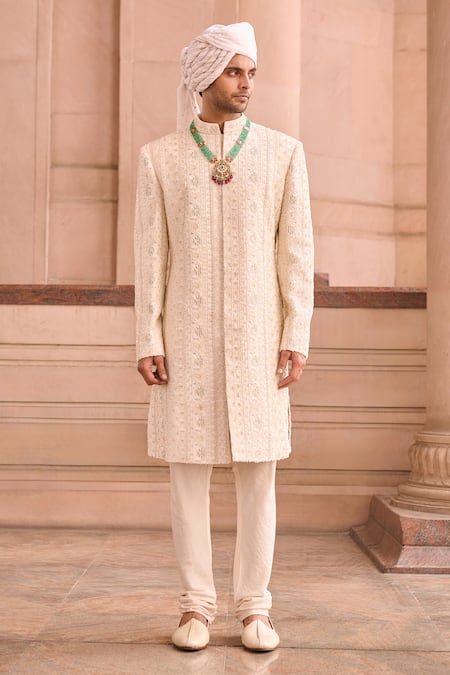MUKTI AND KAVITH CASA Ivory Lucknowi Sherwani Set 