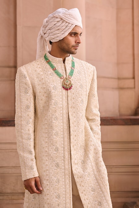 Buy_Mukti And Kavith Casa_Ivory Lucknowi Sherwani Set _Online_at_Aza_Fashions