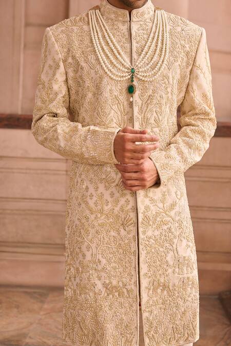 Mukti And Kavith Casa_Gold Brocade, Silk, Mohair Pearls Banarasi Sherwani Set _Online_at_Aza_Fashions