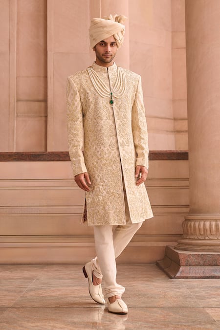 MUKTI AND KAVITH CASA Gold Brocade, Silk, Mohair Pearls Banarasi Sherwani Set 
