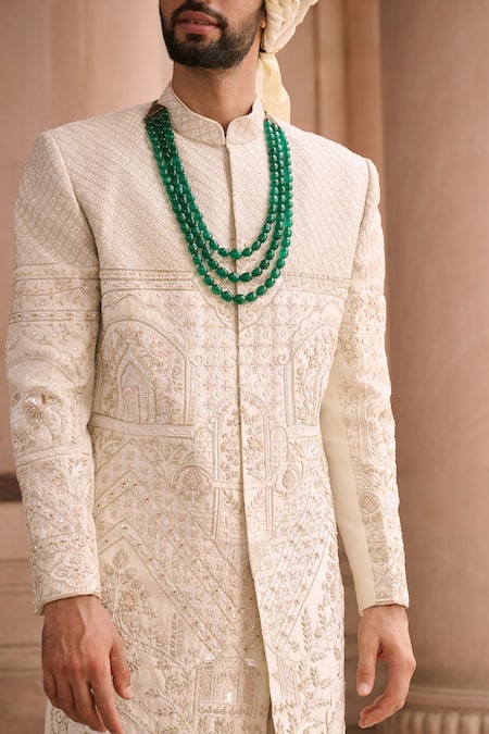 Buy_Mukti And Kavith Casa_Ivory Silk Embroidery, Beads Legacy Sherwani Set _Online_at_Aza_Fashions