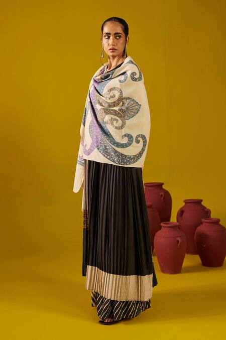 SHAZA_Multi Color Pashmina Kalamkari Border Stole_Online_at_Aza_Fashions