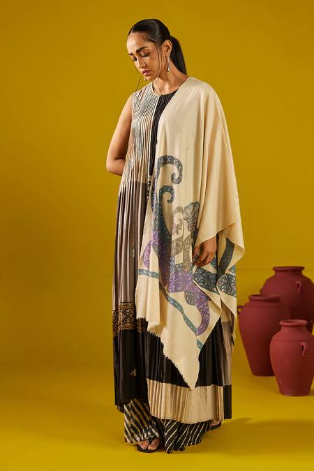 Buy_SHAZA_Multi Color Pashmina Kalamkari Border Stole_Online_at_Aza_Fashions